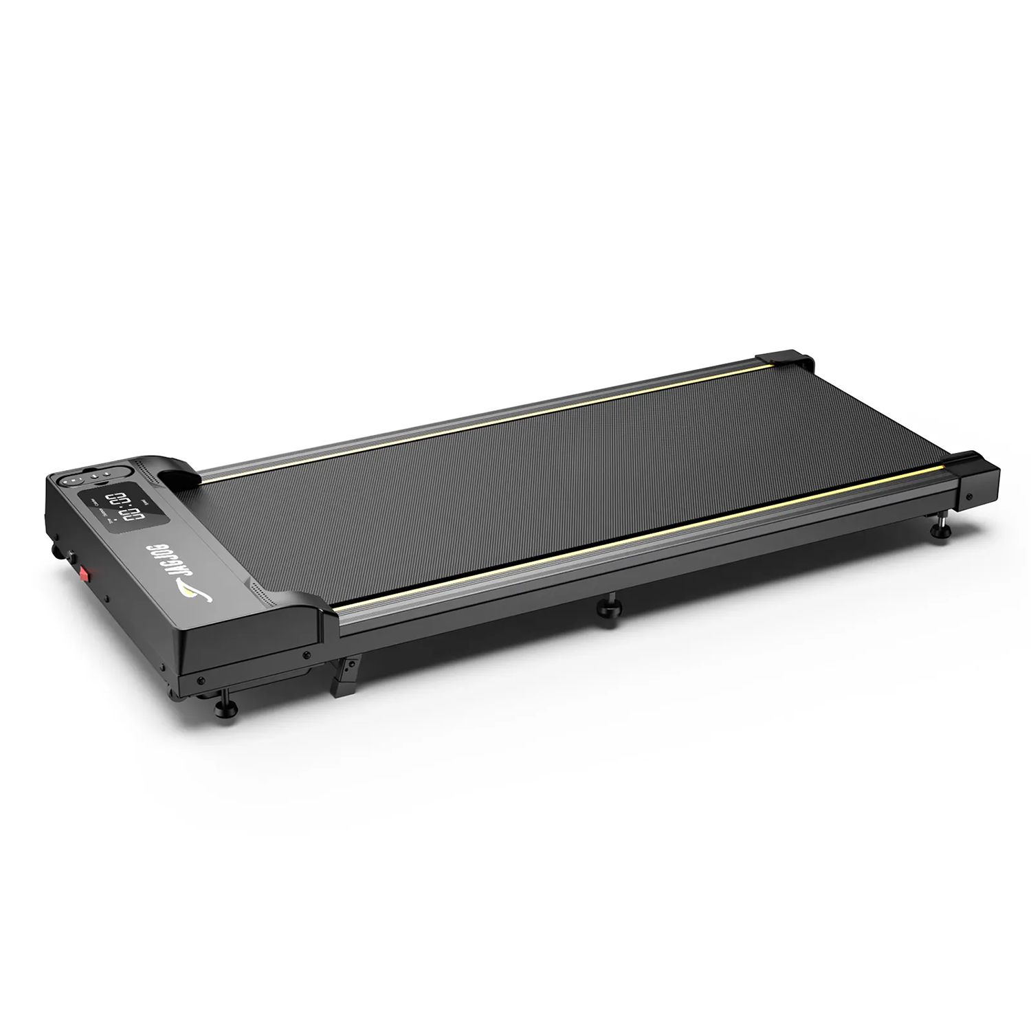 Tapis roulant nero con display LED. Design piatto, forma rettangolare. Dettagli grigi.