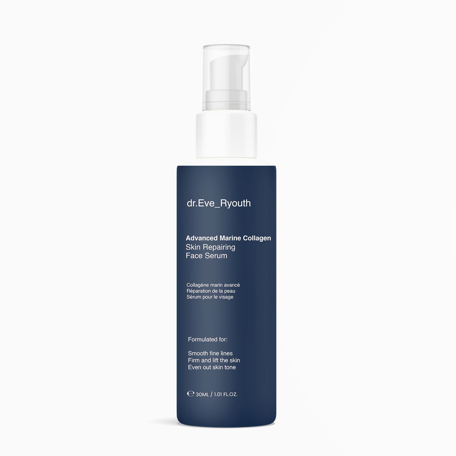 Flacone blu scuro con dosatore bianco. Scritta: "dr.Eve_Ryouth", "Advanced Marine Collagen Skin Repairing Face Serum".