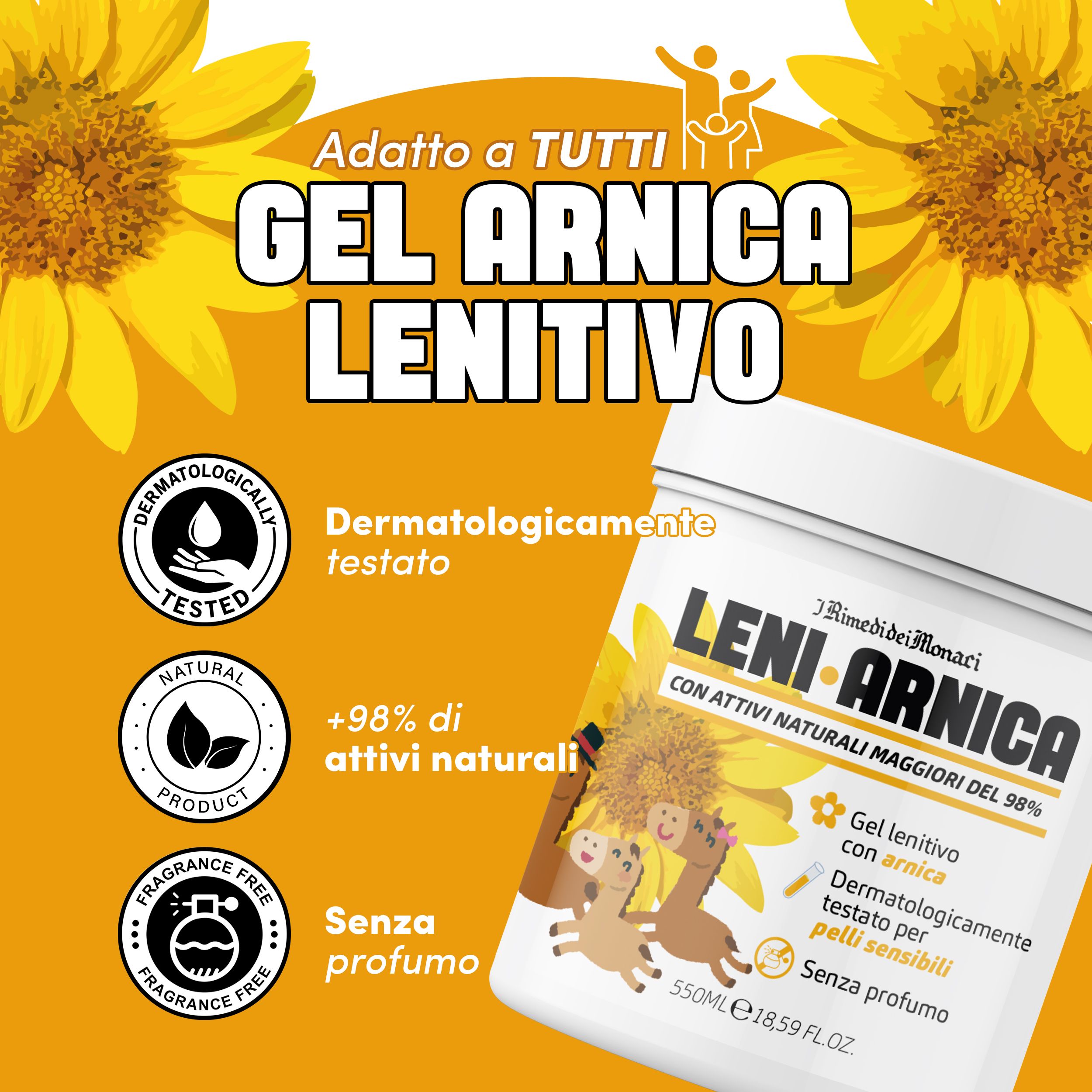 Vaso bianco con testo. Gel Arnica Lenitivo, dermatologicamente testato, senza profumo. Con girasoli e logo.
