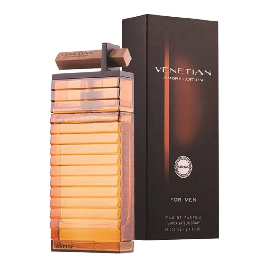 Flacone di profumo e confezione. Flacone rettangolare ambrato con tappo in legno. Confezione nera con testo dorato: Venetian Ambre Edition.