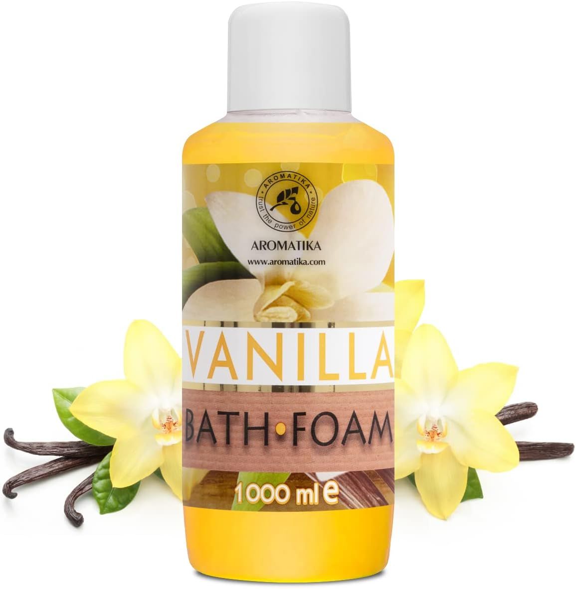 Bottiglia gialla con tappo bianco. Scritta: AROMATIKA, VANILLA BATH FOAM. Decorazioni: fiori e baccelli di vaniglia.