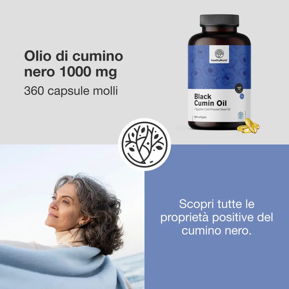 Immagine del prodotto: flacone di capsule. Testo: Olio di cumino nero 1000 mg, 360 capsule molli. Donna con sciarpa.