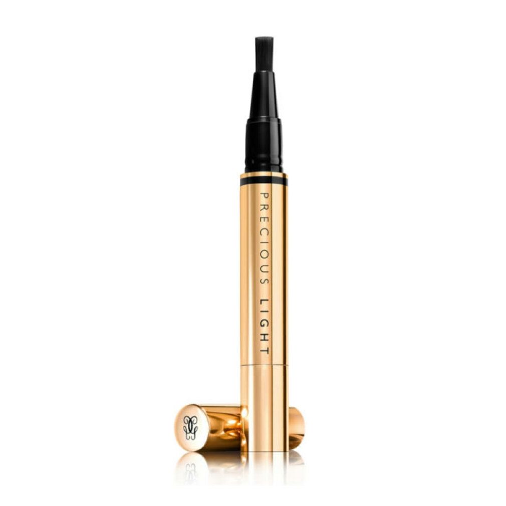 Penna dorata con punta nera e scritta PRECIOUS LIGHT. Tappo accanto. Logo sul tappo.