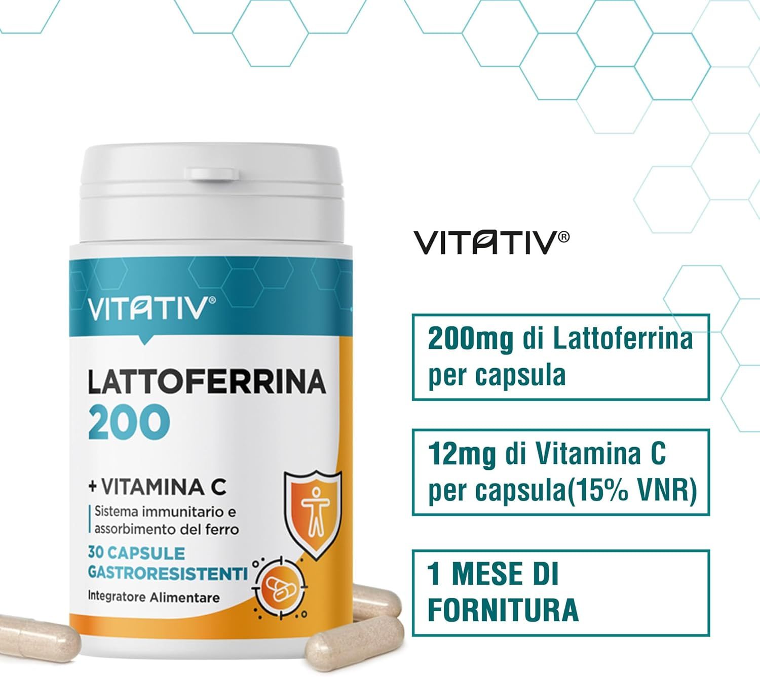 Vitativ® Lattoferrina 200 Immuno + Vitamina C - 30 Capsule Gastroresistenti
