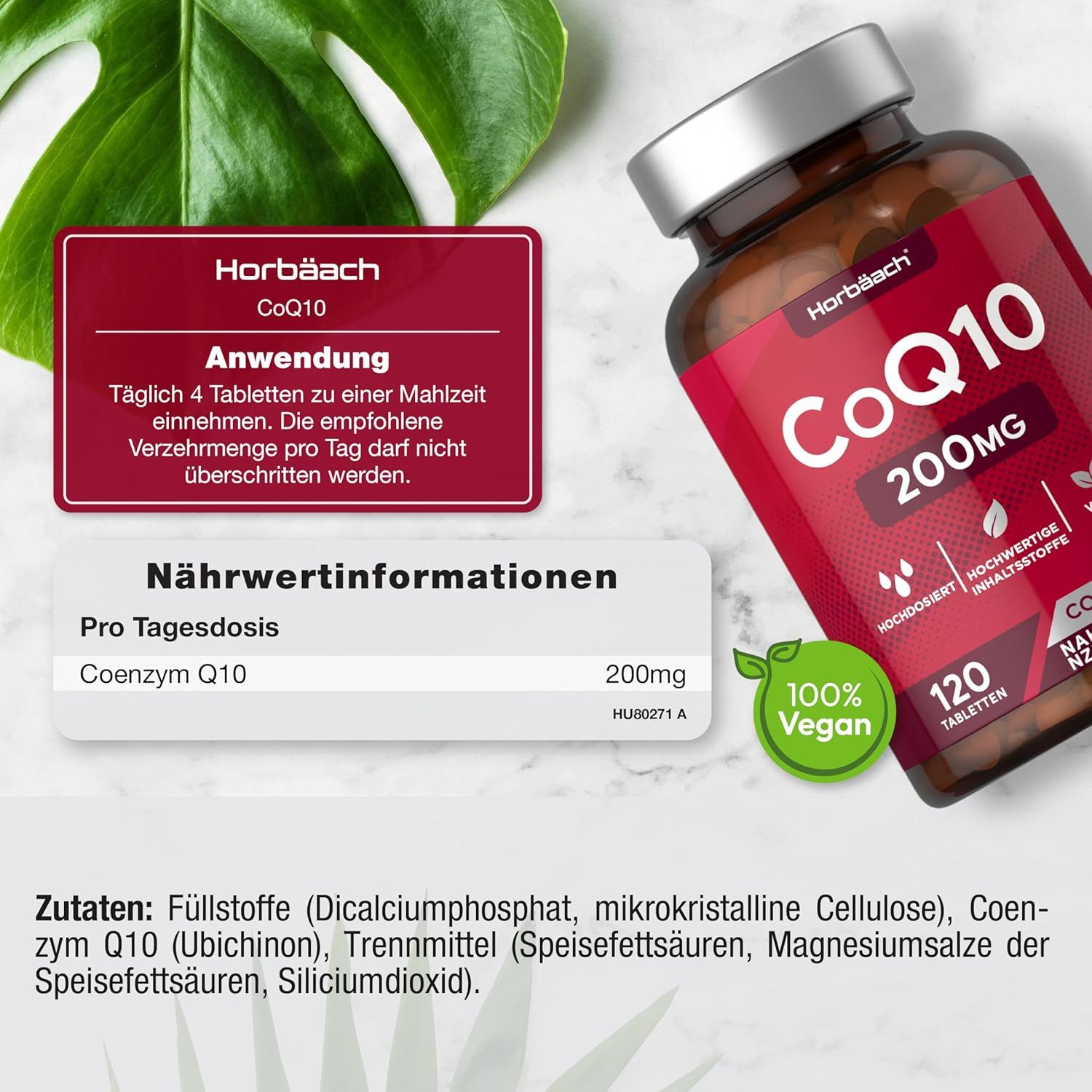 Bottiglia marrone con etichetta rossa. CoQ10 200mg, 120 compresse. Marchio: Horbaach. Vegano. Informazioni nutrizionali.