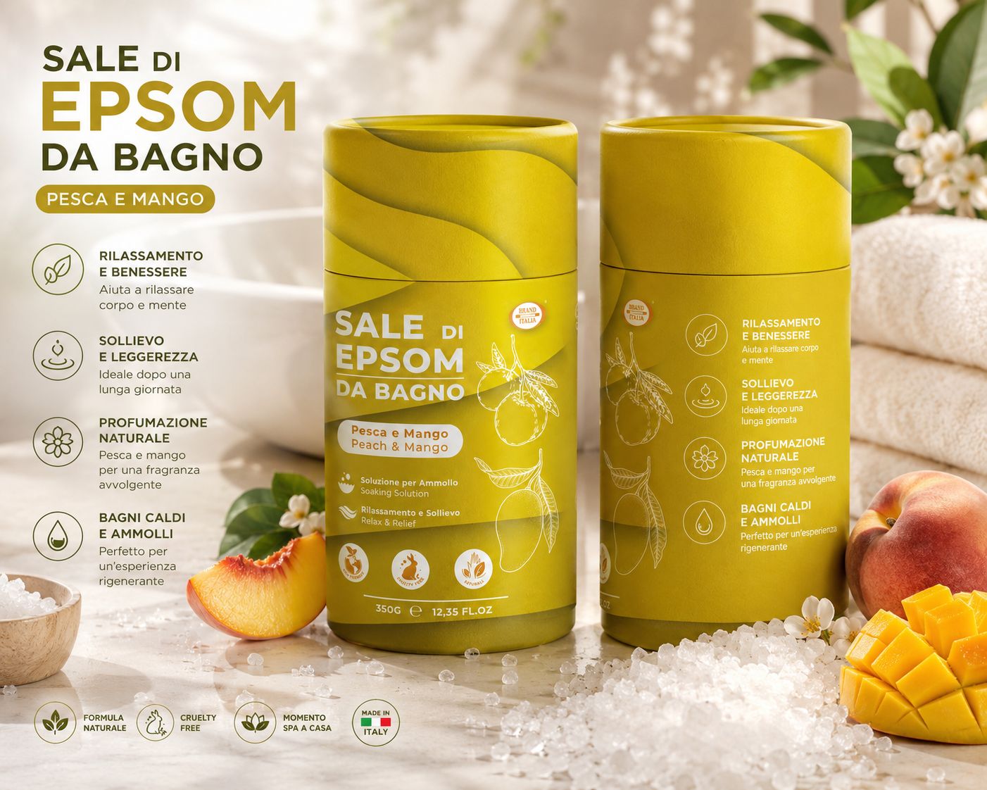 Due tubi gialli di sale Epsom pesca e mango. Testo su relax e profumo naturale.