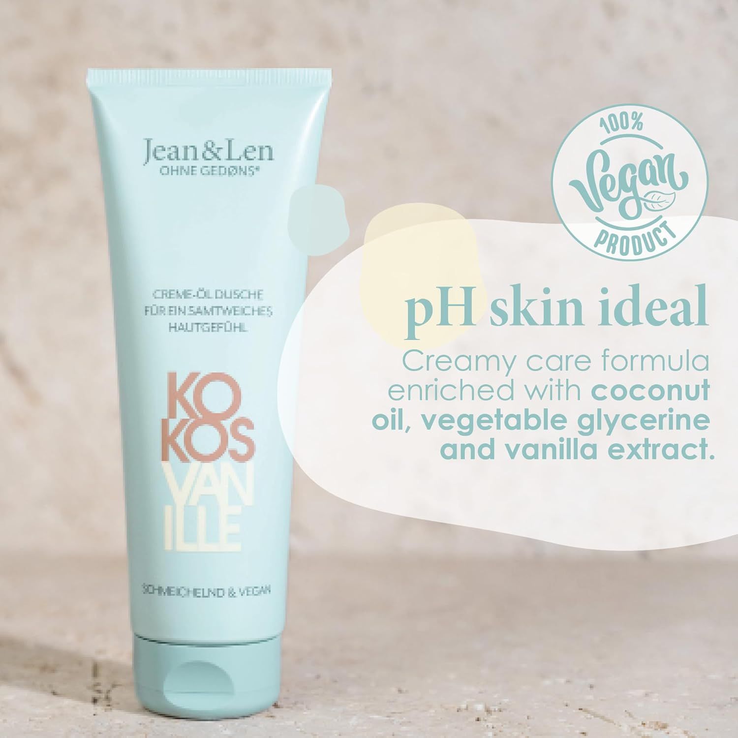 Tubo verde chiaro con stampa del prodotto. Profumo cocco-vaniglia. Sigillo vegano. Testo: pH skin ideal.