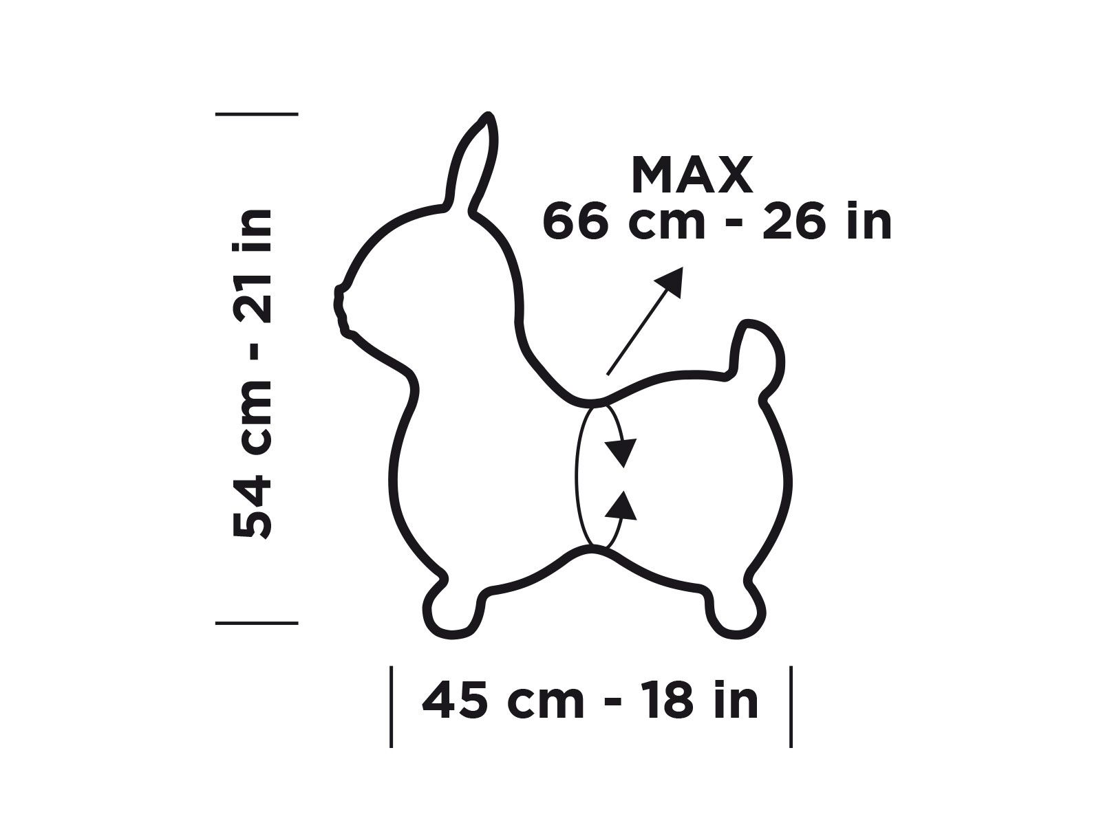 Illustrazione in bianco e nero di un coniglio saltellante con dimensioni: 54 cm di altezza, 45 cm di larghezza, max. 66 cm.