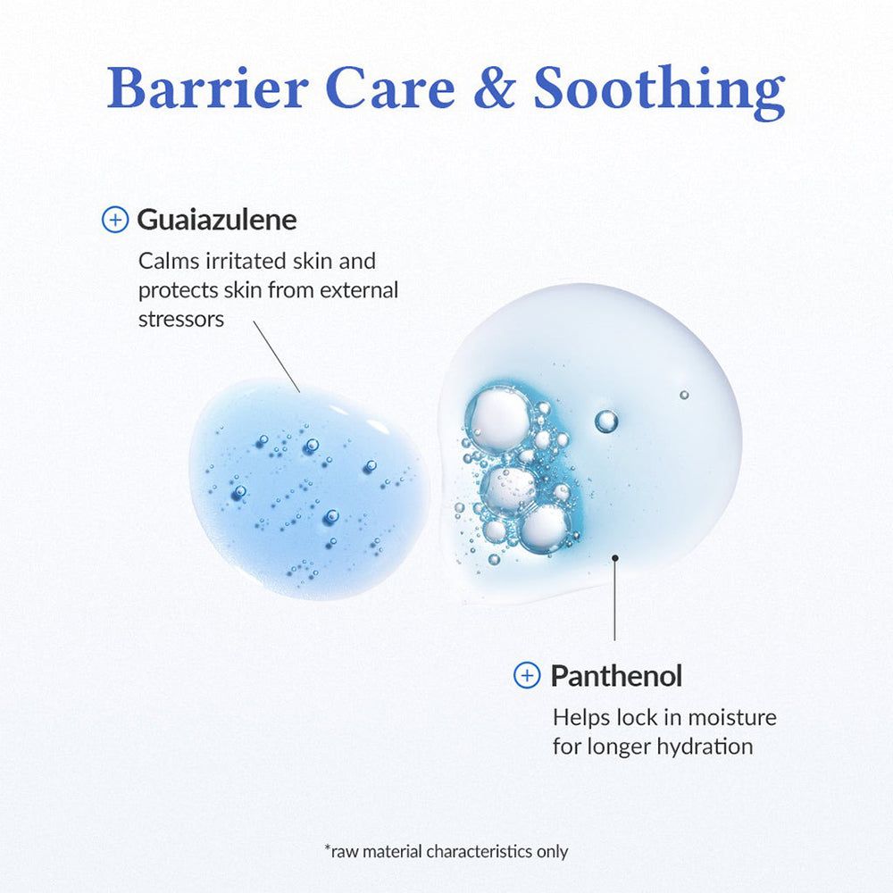 Grafico con Barrier Care & Soothing. Guaiazulene e Pantenolo. Testo: Calma la pelle irritata e protegge dagli stress esterni.