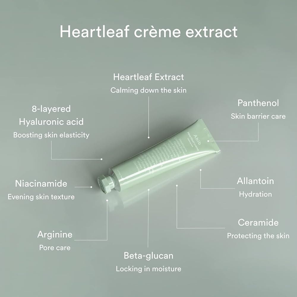 Tubo verde chiaro con diagramma degli ingredienti. Testo: Heartleaf crème extract, Pantenolo, Allantoina, Ceramidi. Marchio: Abib.