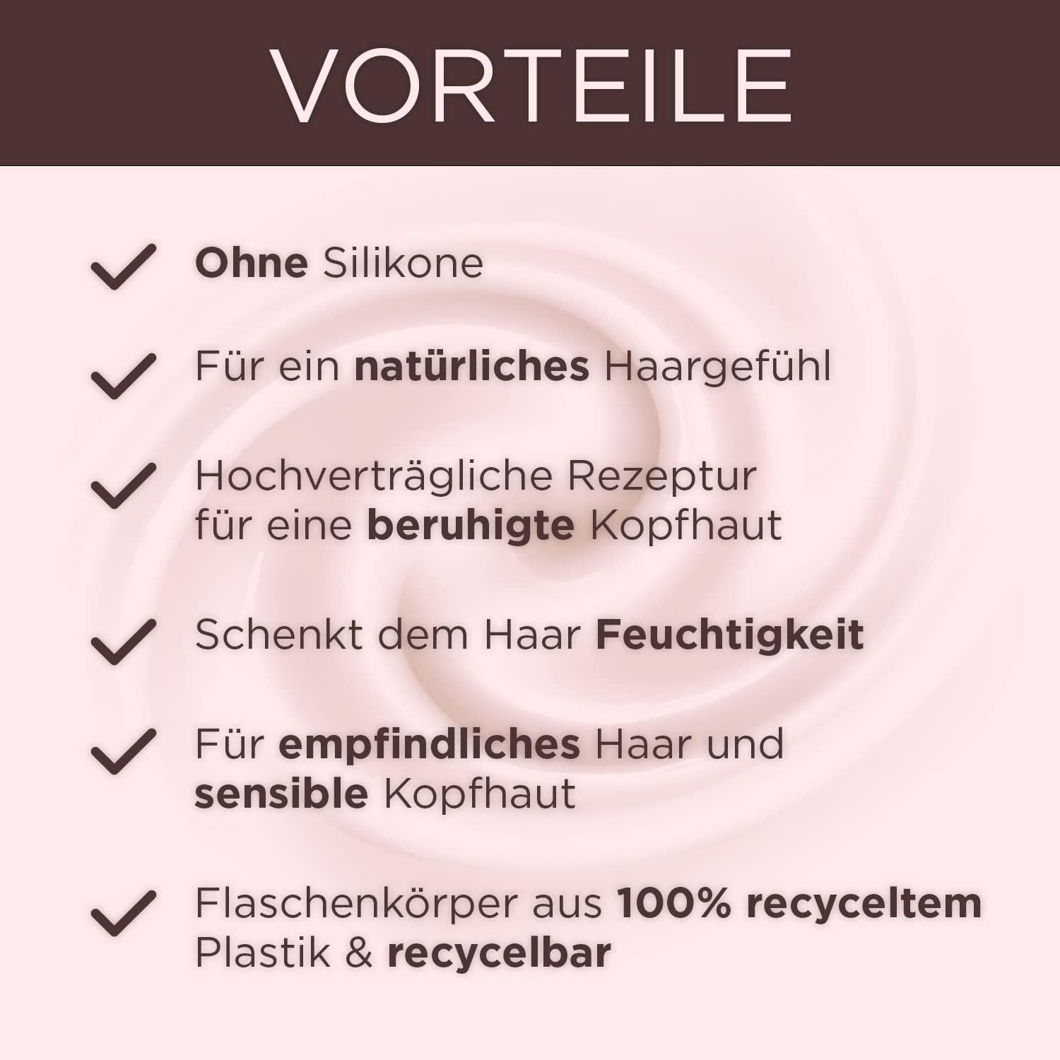 Testo su sfondo rosa: Vantaggi. Senza siliconi, per capelli naturali, cuoio capelluto lenito, idrata, per capelli sensibili.