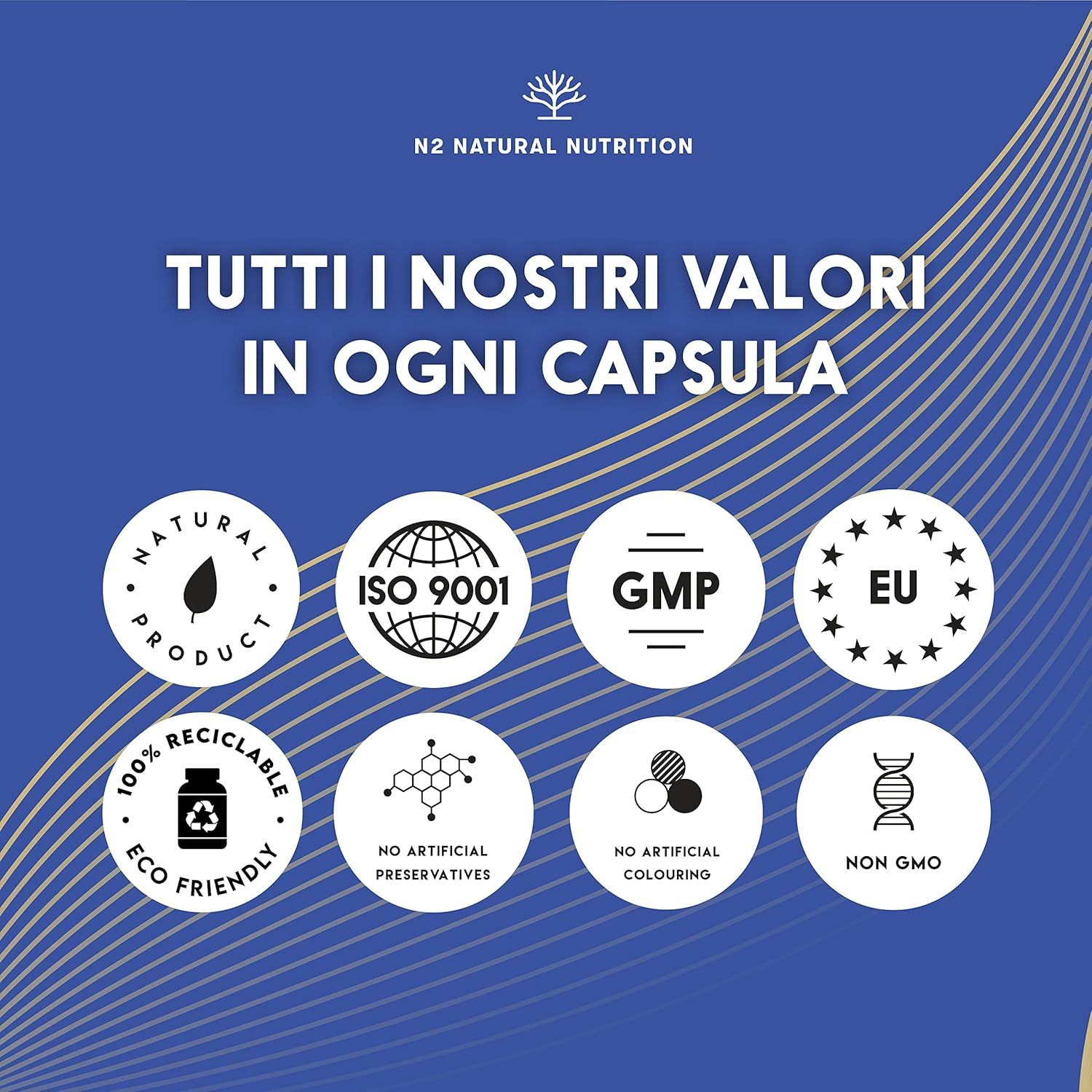 Loghi circolari. Prodotto naturale, ISO 9001, GMP, UE, 100% riciclabile, Eco Friendly, senza conservanti artificiali.