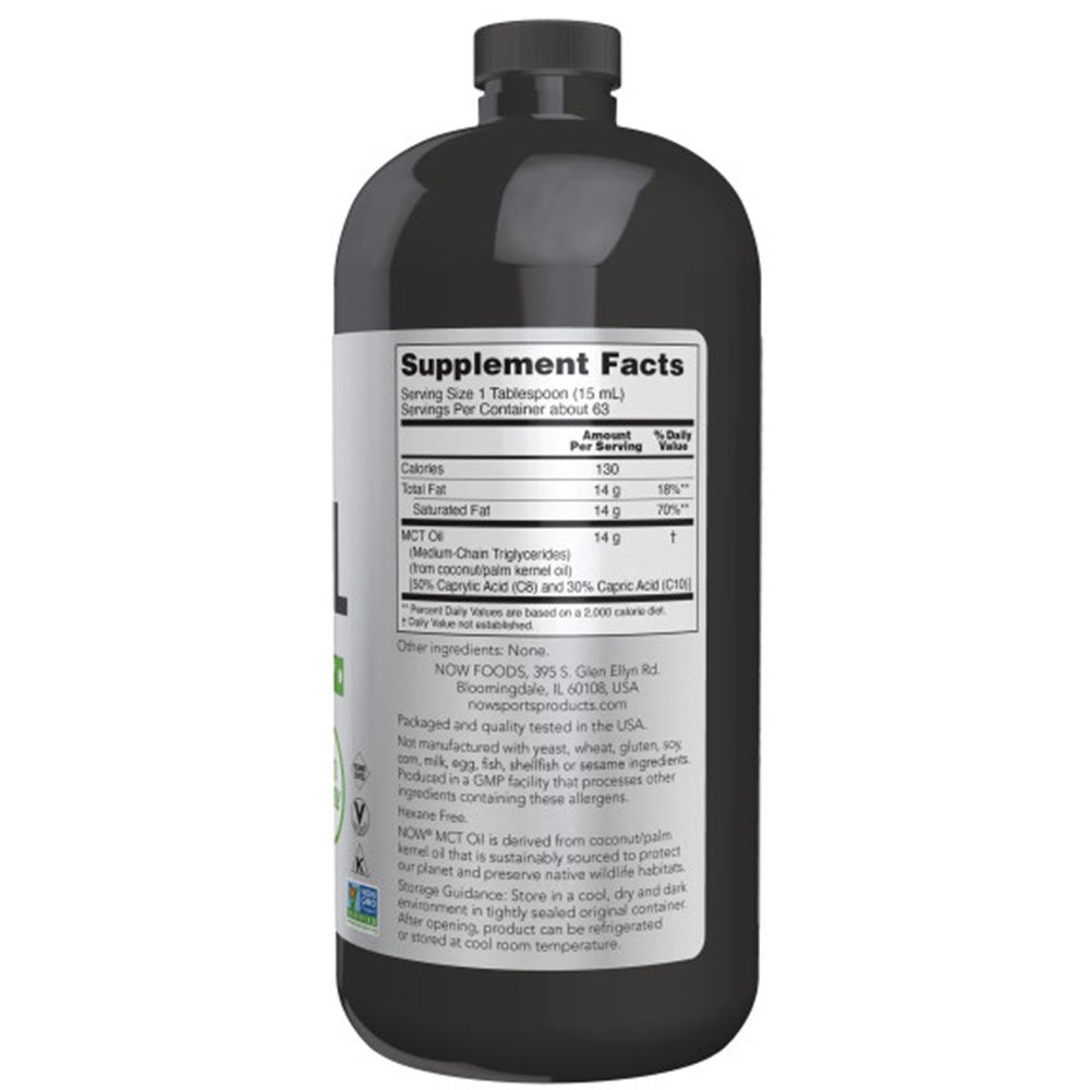 Bottiglia nera con etichetta bianca. Scritte: Supplement Facts, MCT Oil. Contiene informazioni nutrizionali e ingredienti.