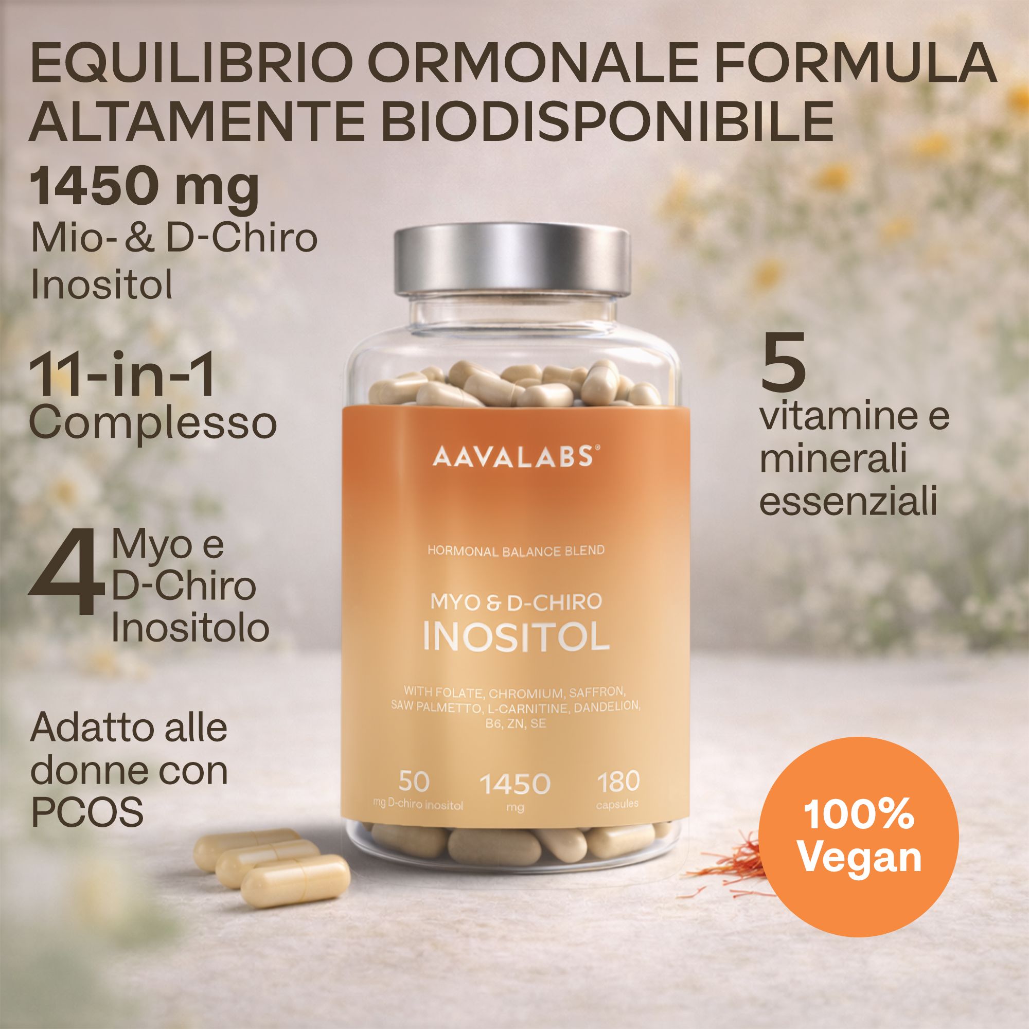 Flacone del prodotto con testo: Myo & D-Chiro Inositol. Adatto alle donne con PCOS. 100% Vegano.