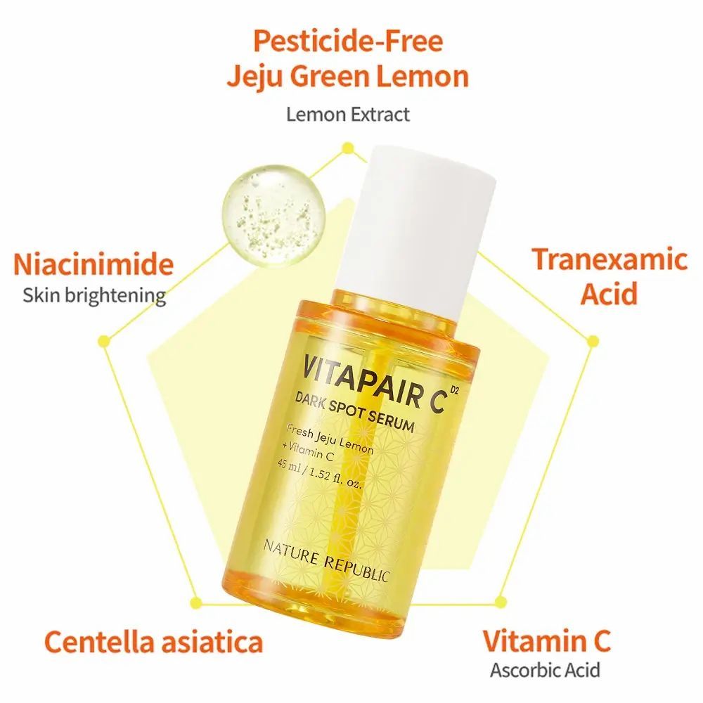 Flacone di siero con tappo bianco e liquido giallo. Nome del prodotto e ingredienti etichettati.