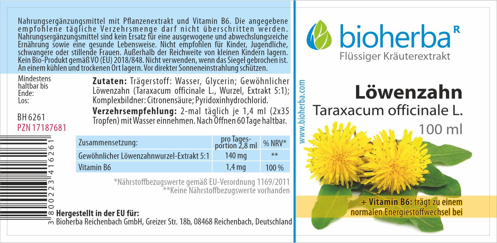 Etichetta del prodotto Bioherba Löwenzahn. Ingredienti, dosaggio, informazioni nutrizionali. 100 ml.