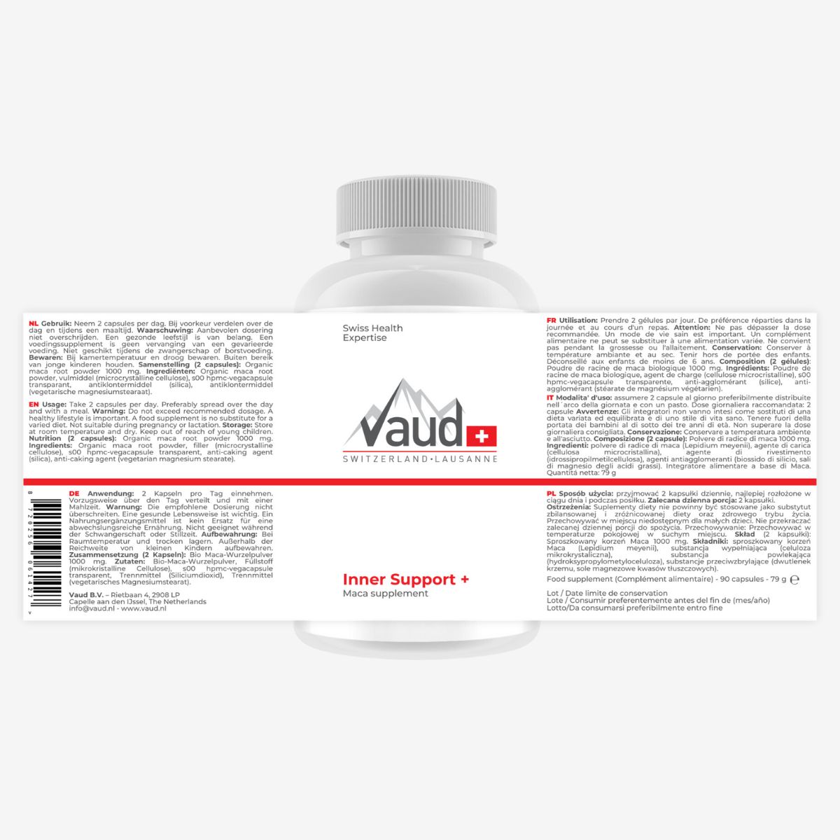 Retro del flacone. Logo Vaud, Inner Support+. Testo con ingredienti e uso.