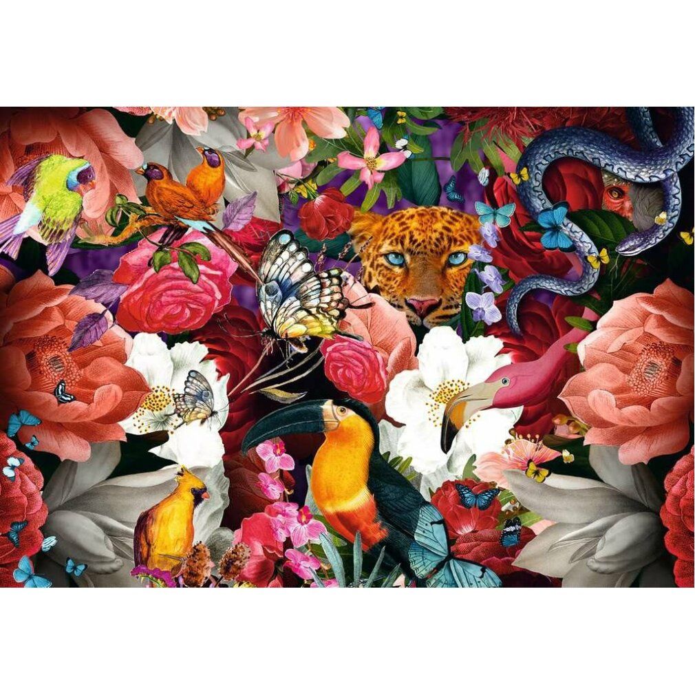 Puzzle con fiori, uccelli, farfalle, leopardo e serpente. Design colorato con fiori rossi, bianchi e rosa.