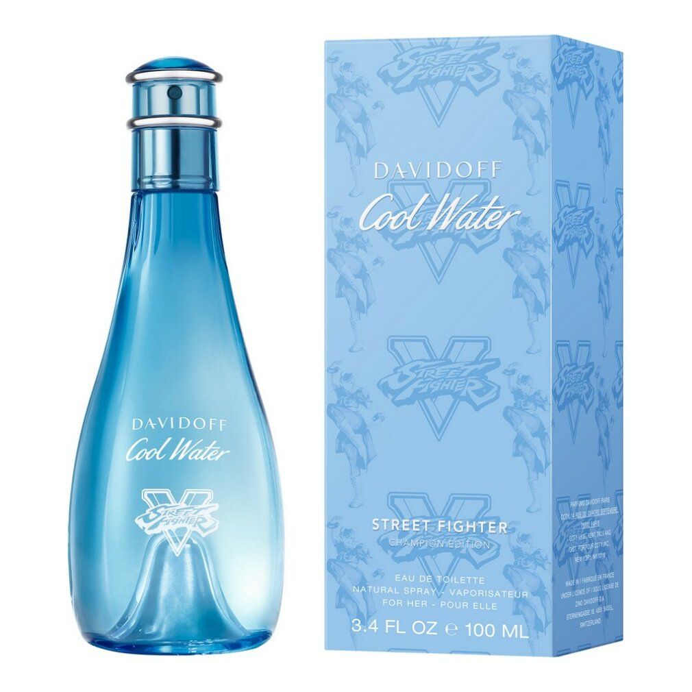 Flacone e confezione blu chiaro. Scritta: Davidoff Cool Water Street Fighter. 100 ml.