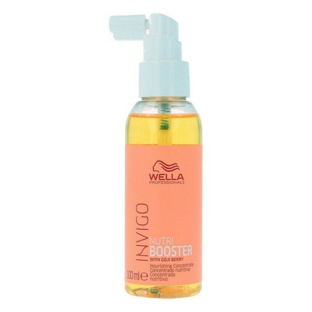 Flacone con etichetta arancione. Scritta: Invigo Nutri Booster. Con bacche di goji. Con erogatore spray.