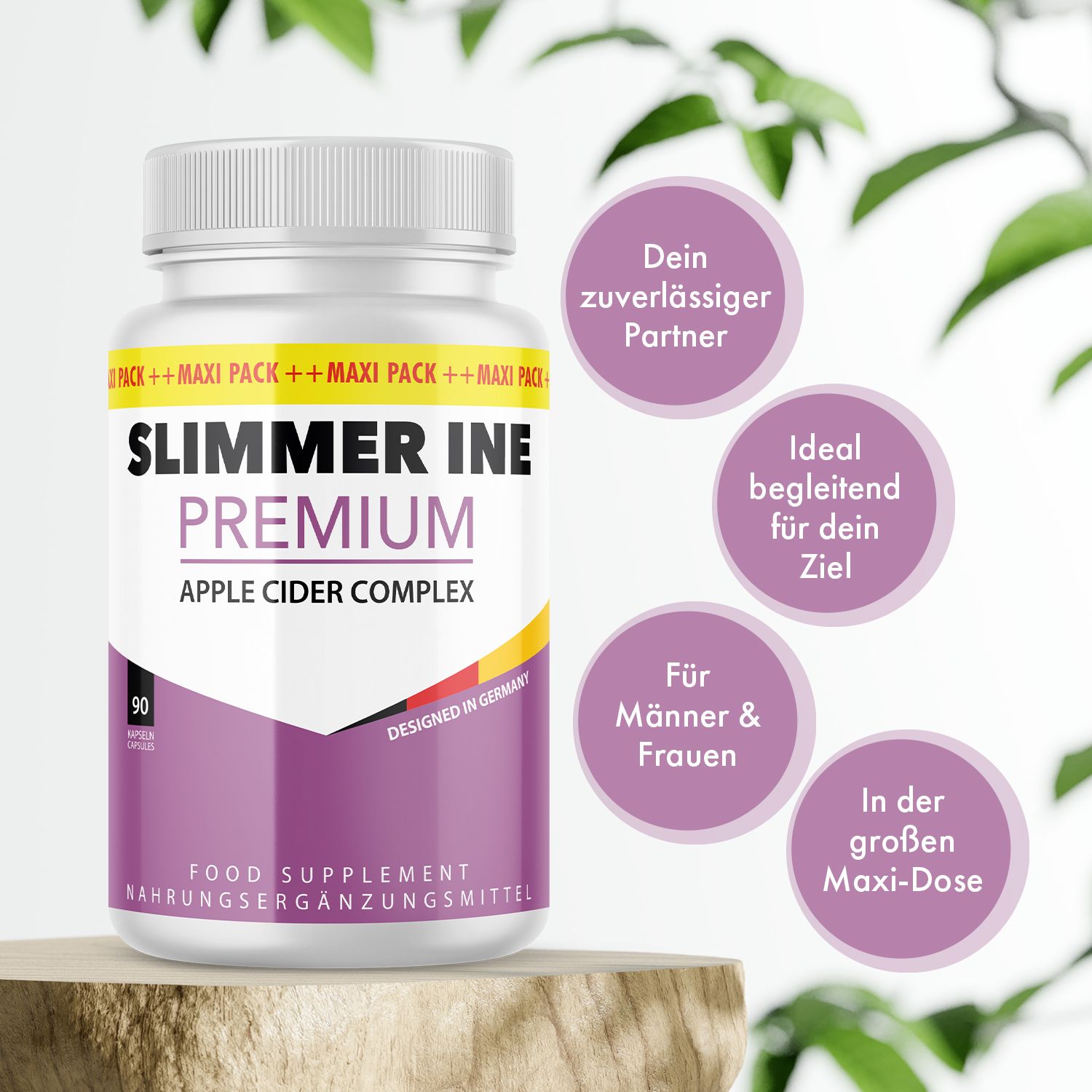 Flacone bianco con etichetta viola. Scritta: SLIMMER INE PREMIUM APPLE CIDER COMPLEX. 90 capsule. Integratore alimentare.