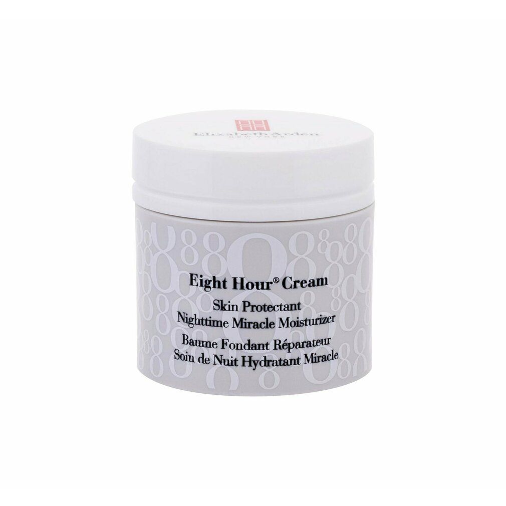 Vaso di crema. Scritta: Eight Hour Cream, Skin Protectant, Nighttime Miracle Moisturizer. Marchio: Elizabeth Arden. Sfondo grigio con numeri.