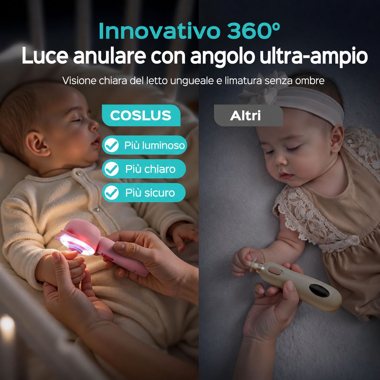 Set manicure per bambini. Rosa, con anello luminoso a LED. Confronto con altro dispositivo. Logo COSLUS.