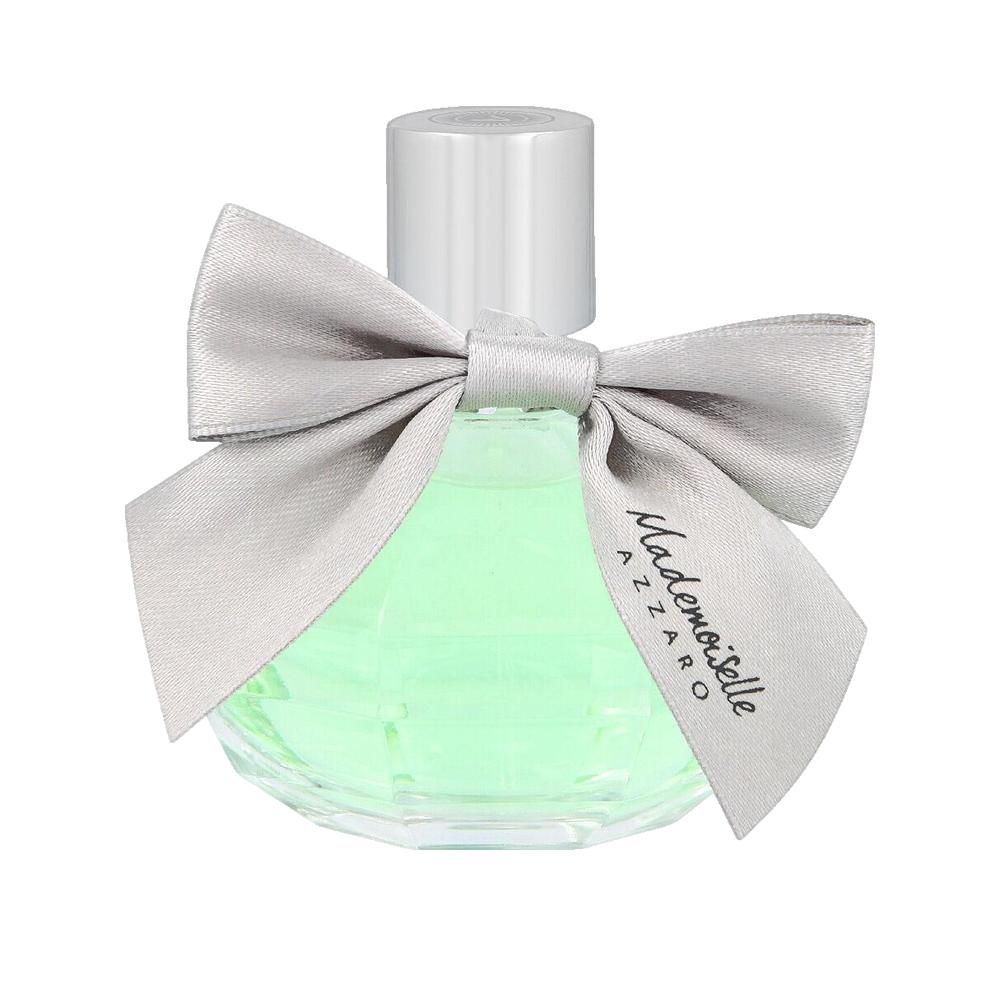Flacone di profumo verde con tappo e fiocco argentati. Sul fiocco è scritto "Mademoiselle Azzaro".
