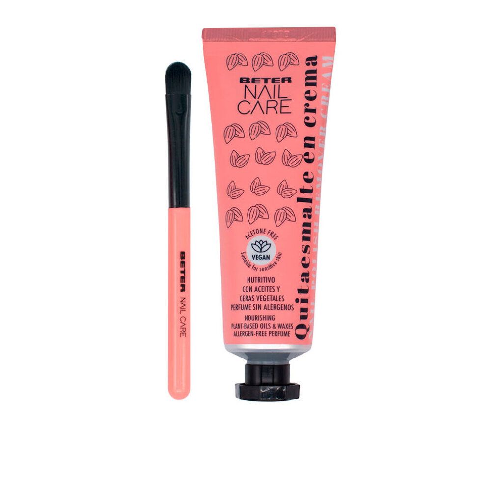 Tubo rosa, tappo nero, pennello. Scritta: Beter Nail Care Quitaesmalte en crema. Vegano. Oli e cere. Senza allergeni.