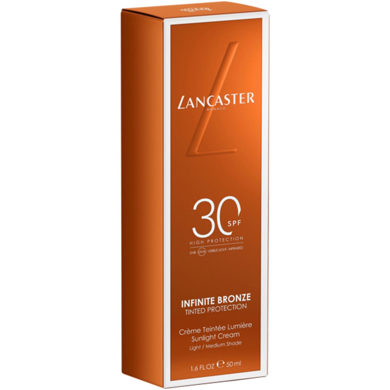 Confezione marrone con informazioni sul prodotto. Logo "Lancaster", "SPF 30", "Infinite Bronze" e nome del prodotto. Sfondo arancione.