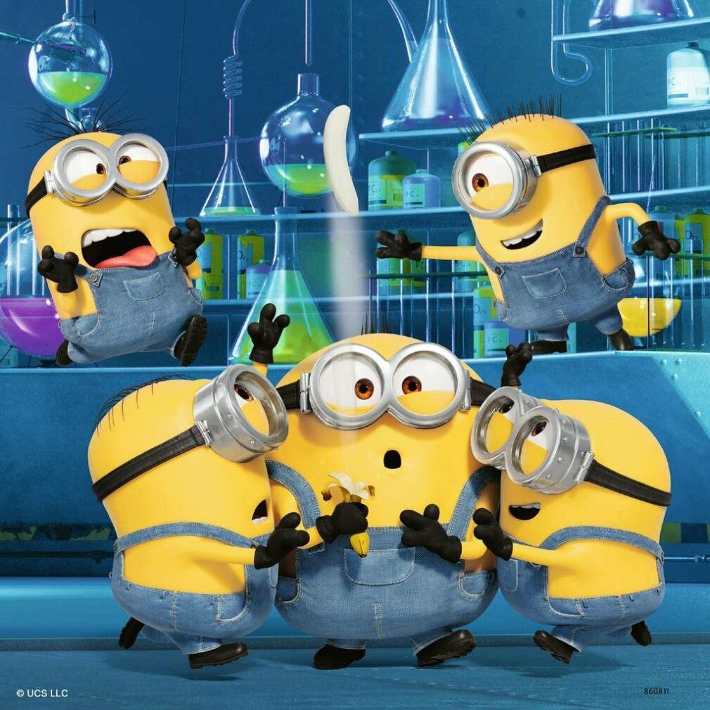 Puzzle dei Minions con diversi Minions in un laboratorio. Personaggi gialli con tute blu e occhiali. Sfondo: attrezzature di laboratorio.