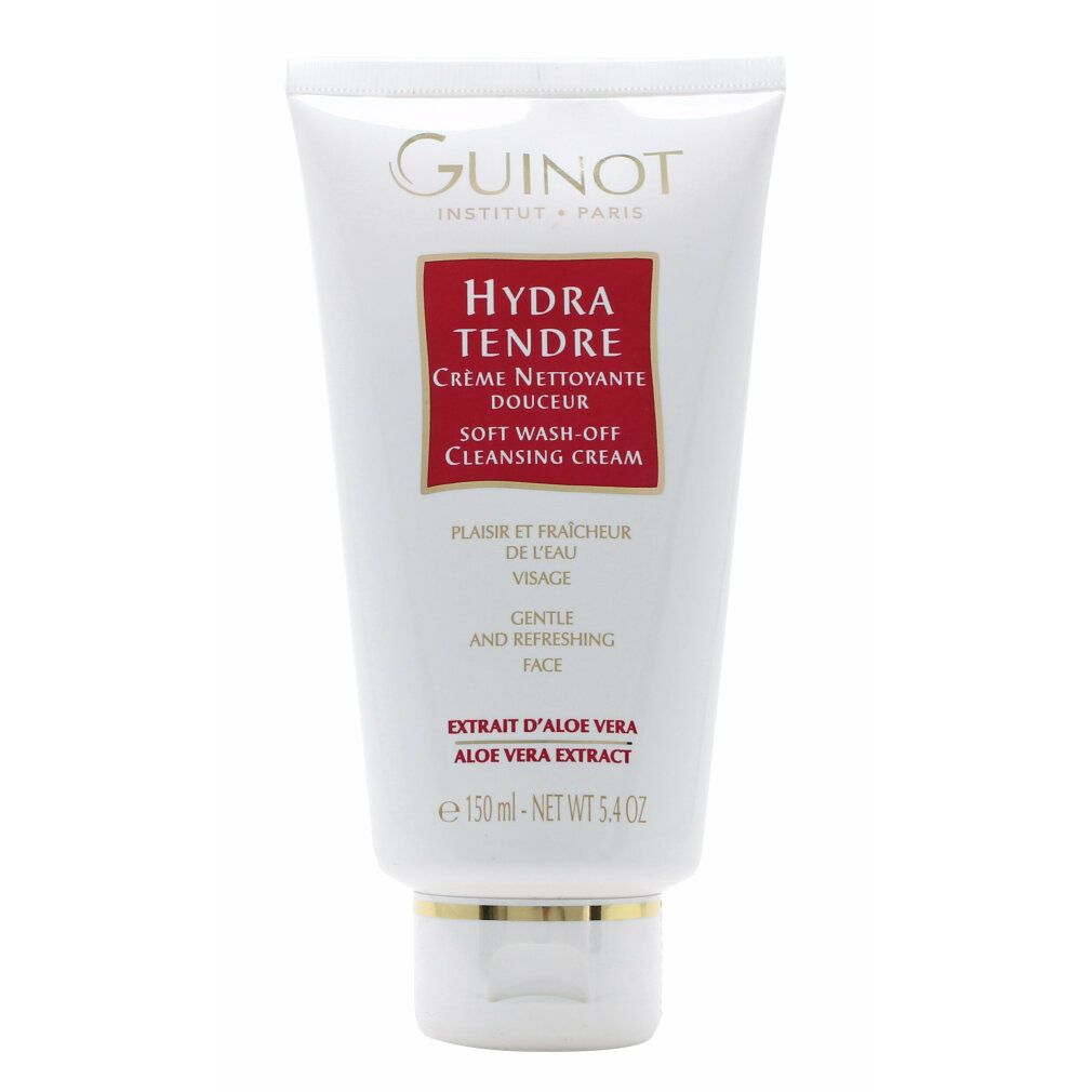 Tubo bianco con etichetta rossa. Logo Guinot e Hydra Tendre. Testo: Soft Wash-Off Cleansing Cream. Con estratto di aloe vera.
