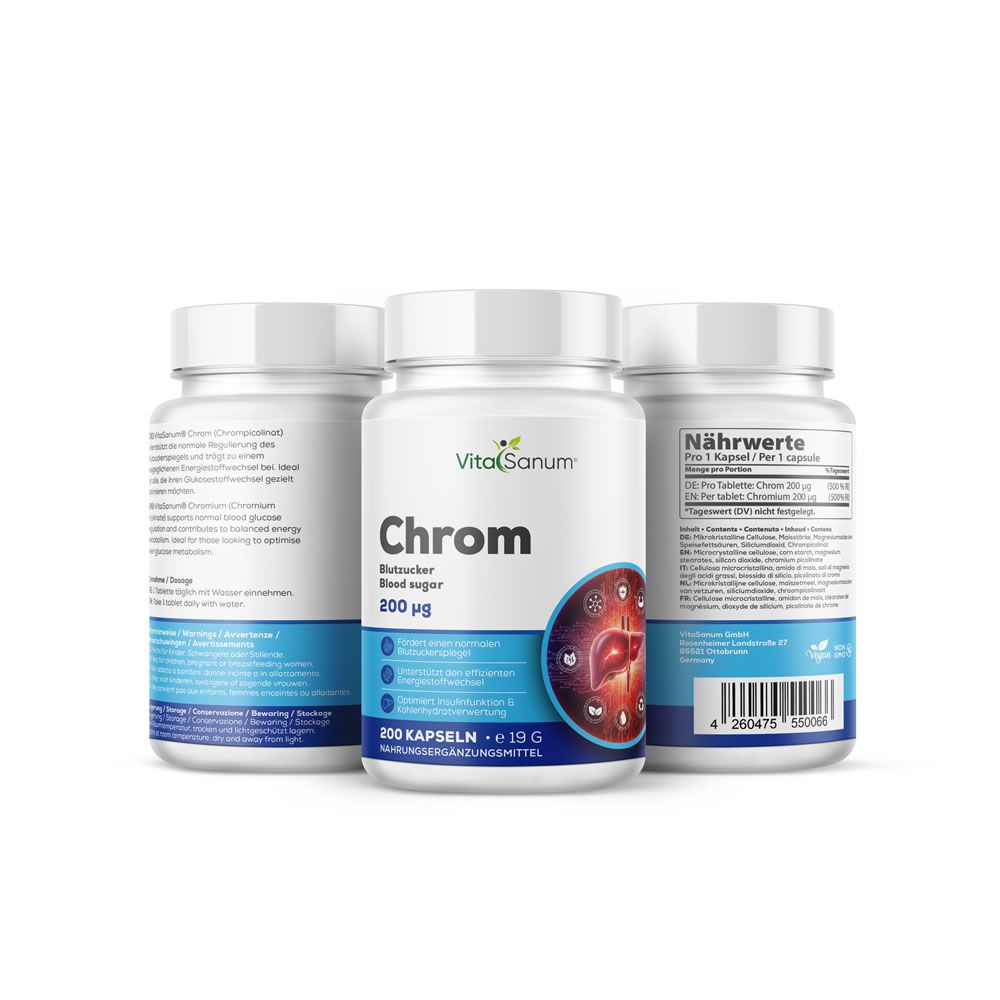 Tre contenitori di capsule VitaSanum Cromo (200 µg), vista frontale e laterale.