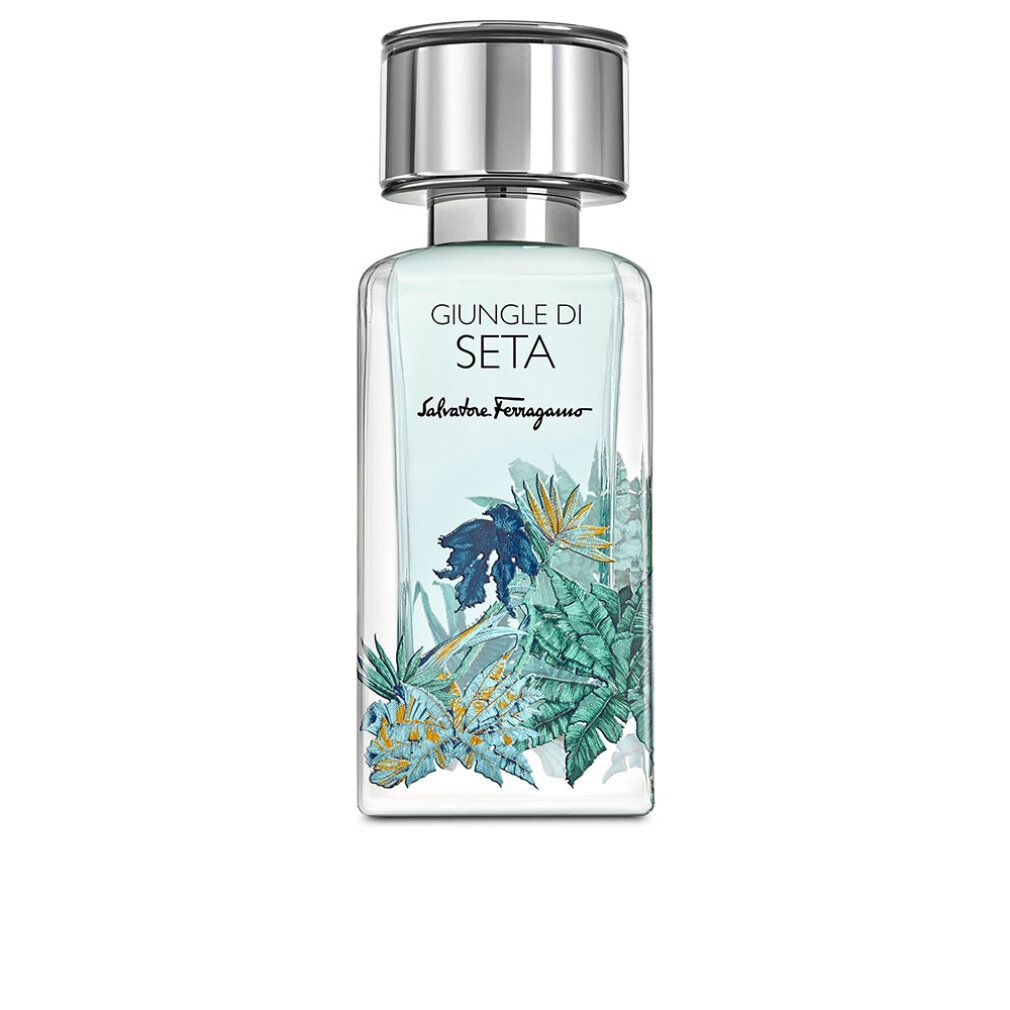Flacone di profumo con tappo argentato. Scritta: Giungle di Seta, Salvatore Ferragamo. Design floreale.