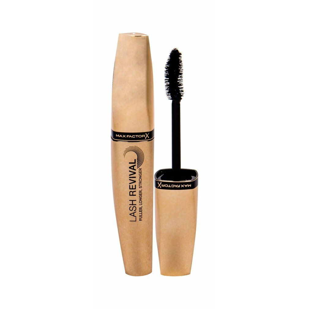 Tubetto mascara dorato con spazzola nera. Scritta: LASH REVIVAL. Testo: FULLER, LONGER, STRONGER.
