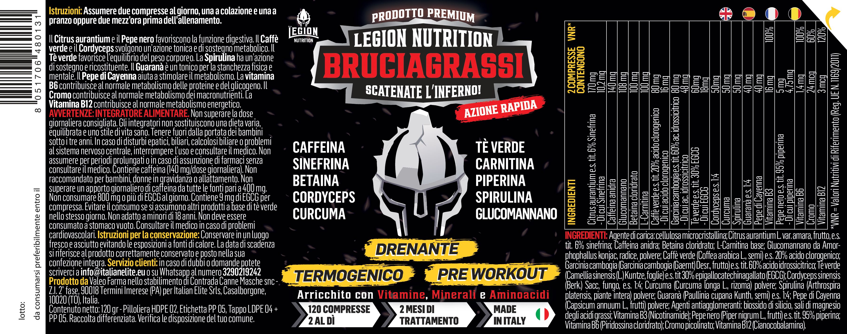 Etichetta del prodotto con ingredienti e informazioni. Testo: Bruciagrassi, ingredienti, 120 compresse, trattamento 2 mesi.