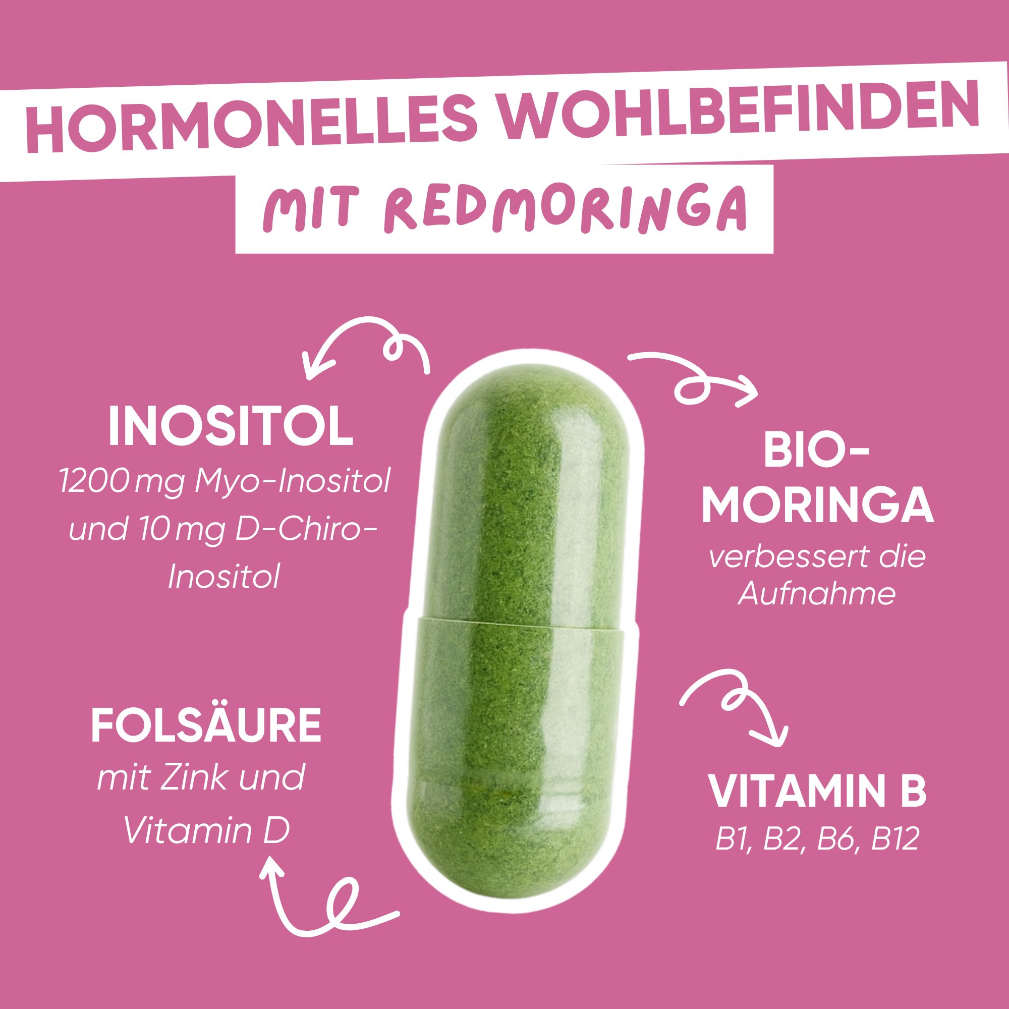 Flacone di capsule circondato da capsule verdi. Contiene Inositolo, Bio-Moringa, Acido Folico, Vitamina B.