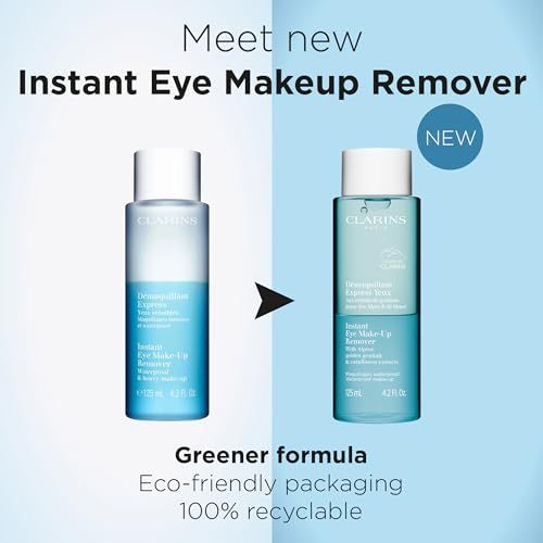 Due flaconi affiancati. Testo: Meet new Instant Eye Makeup Remover, Greener formula, Eco-friendly packaging, 100% recyclable.