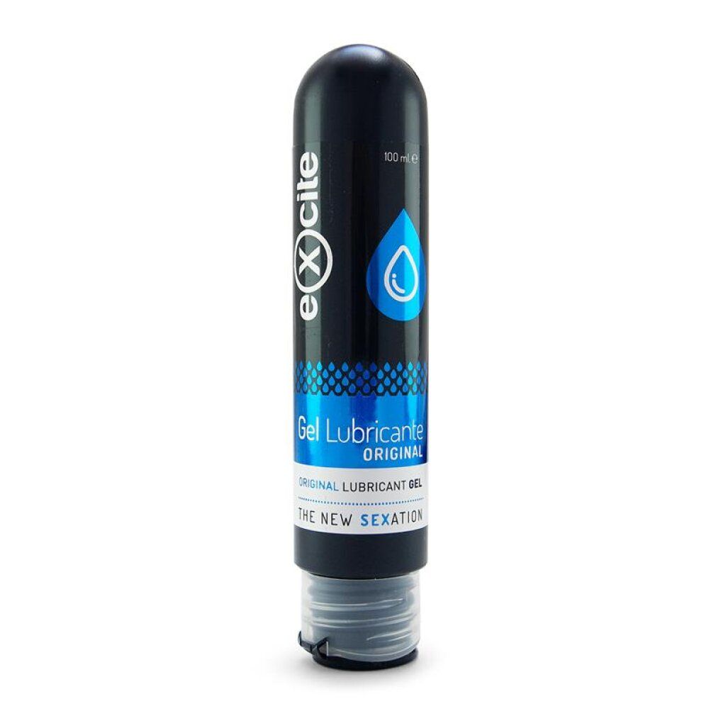 Tubo nero con etichetta blu raffigurante una goccia d'acqua e la scritta 'Gel Lubricante Original'.