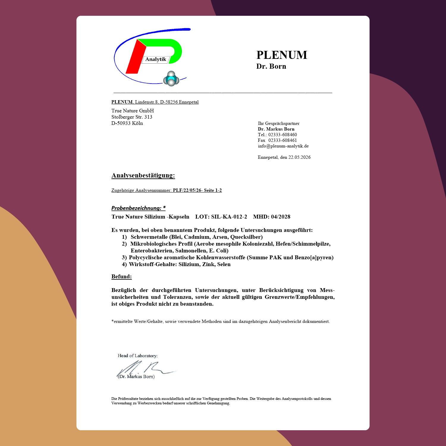 Certificato di analisi di Plenum Dr. Born. Risultati dell'analisi per le capsule di silicio True Nature. Profilo microbiologico, metalli pesanti, ecc.