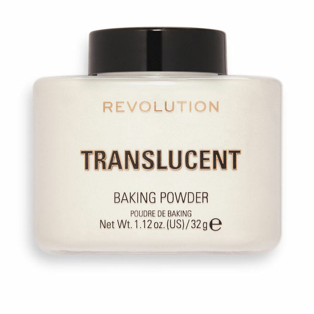 Contenitore bianco con coperchio nero. Scritta: REVOLUTION, TRANSLUCENT, BAKING POWDER. Peso netto: 1.12 oz. (US)/32g.
