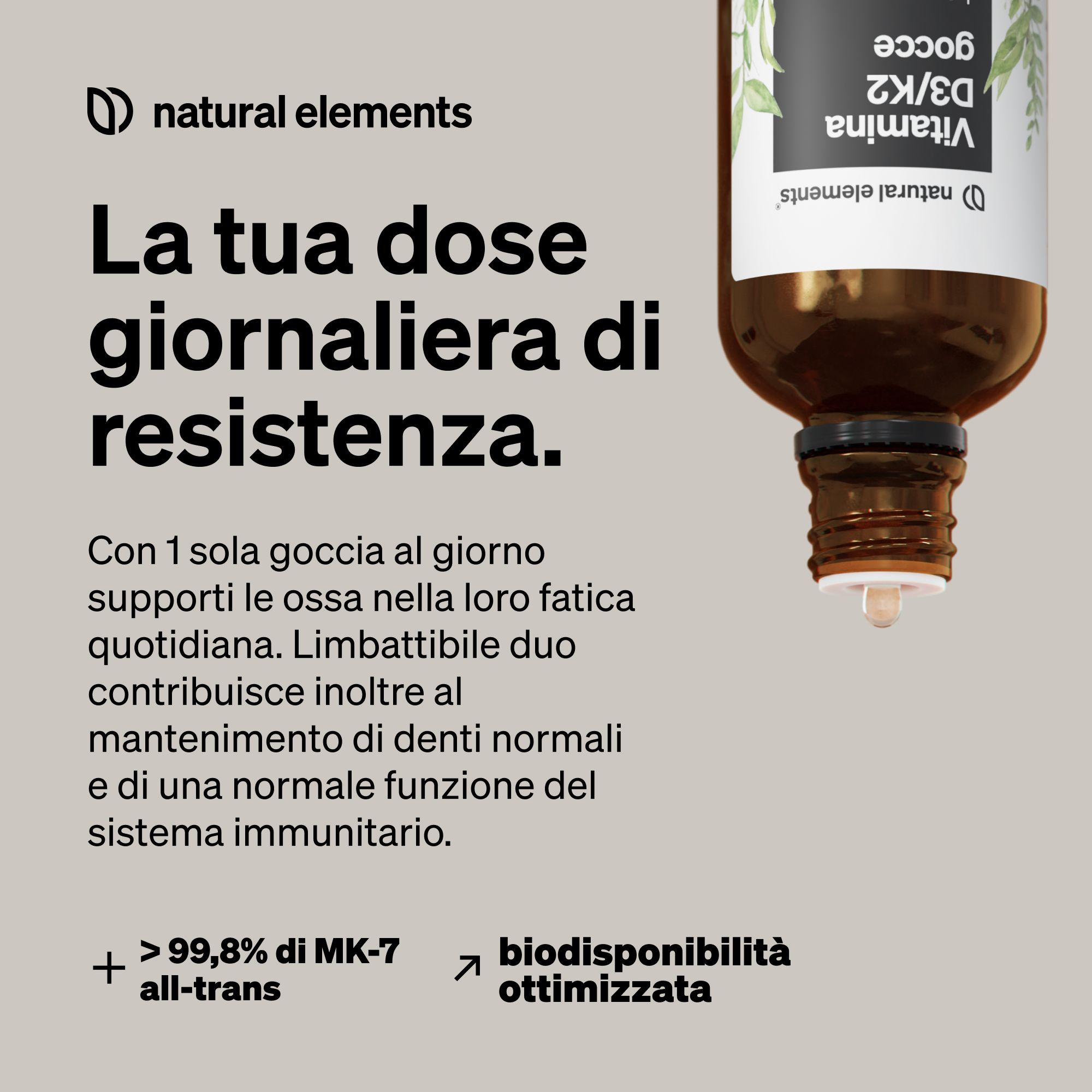 Una bottiglia di gocce Vitamina D3/K2 di Natural Elements.