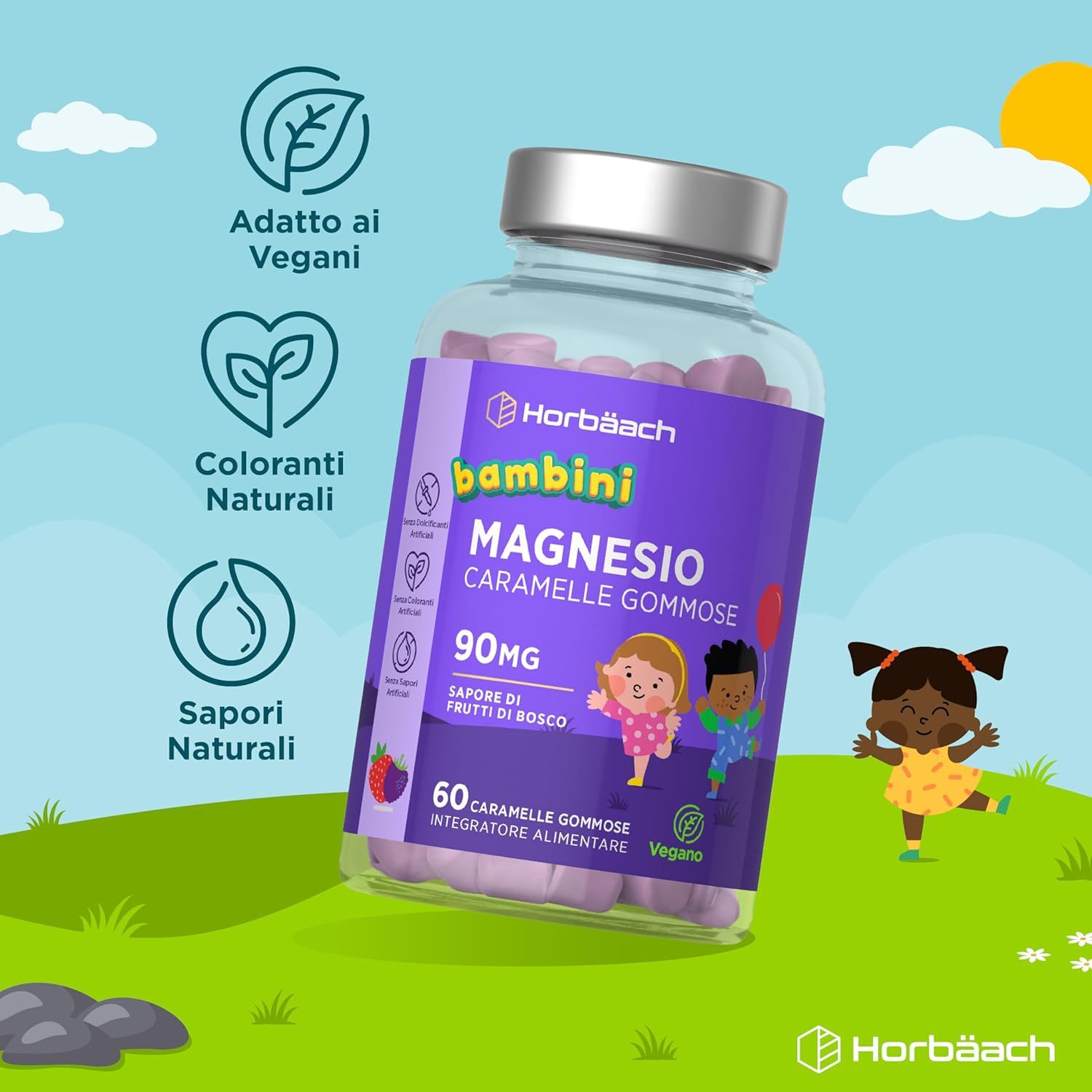 Flacone di Horbaach Kinder Magnesium Gummies. Testo: 100% alta qualità, certificato GMP, formulato da esperti. Con illustrazioni.