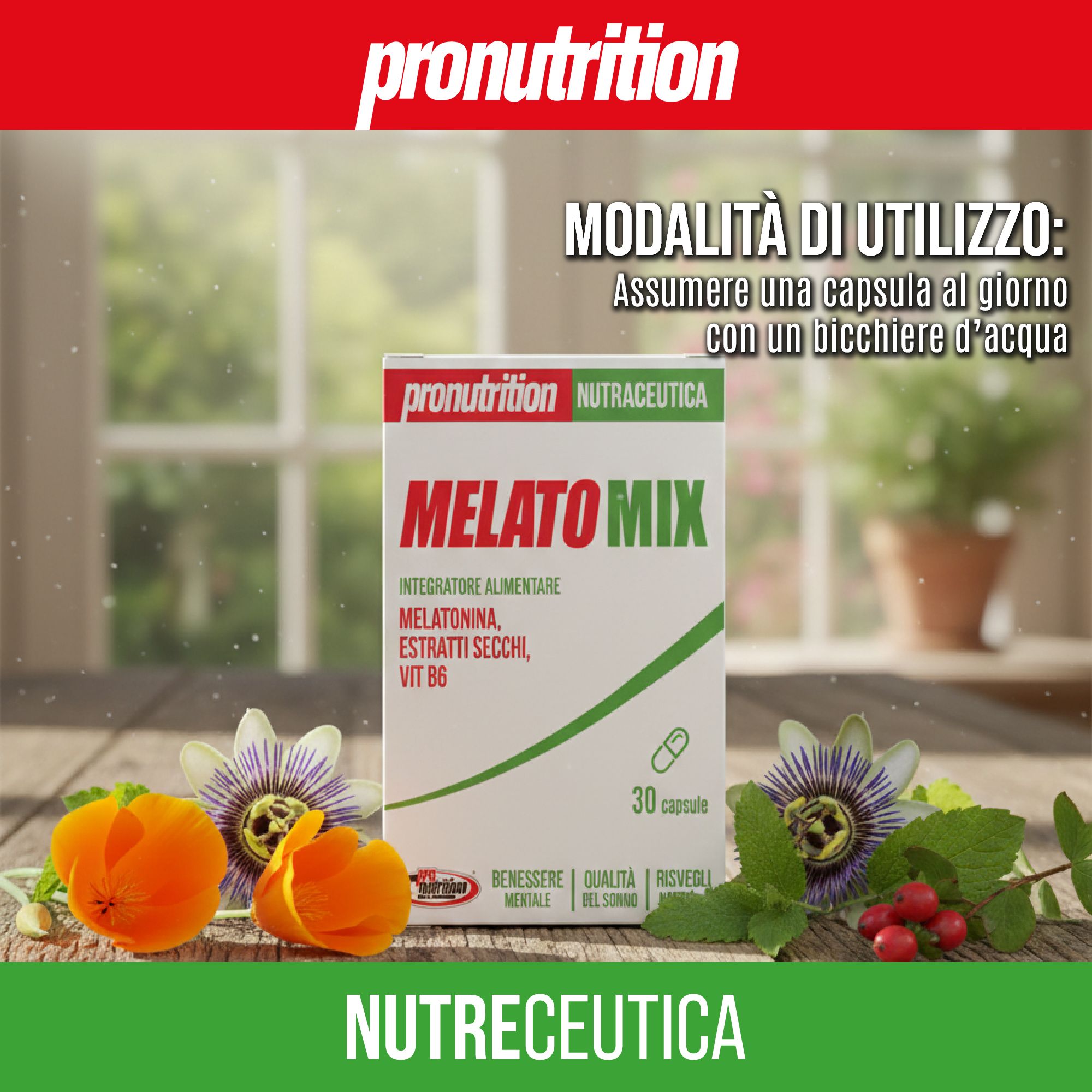 Scatola del prodotto con scritta Melatomix. 30 capsule. Accanto a fiori ed erbe. Contiene Melatonina, Estratti Secchi, Vit B6.