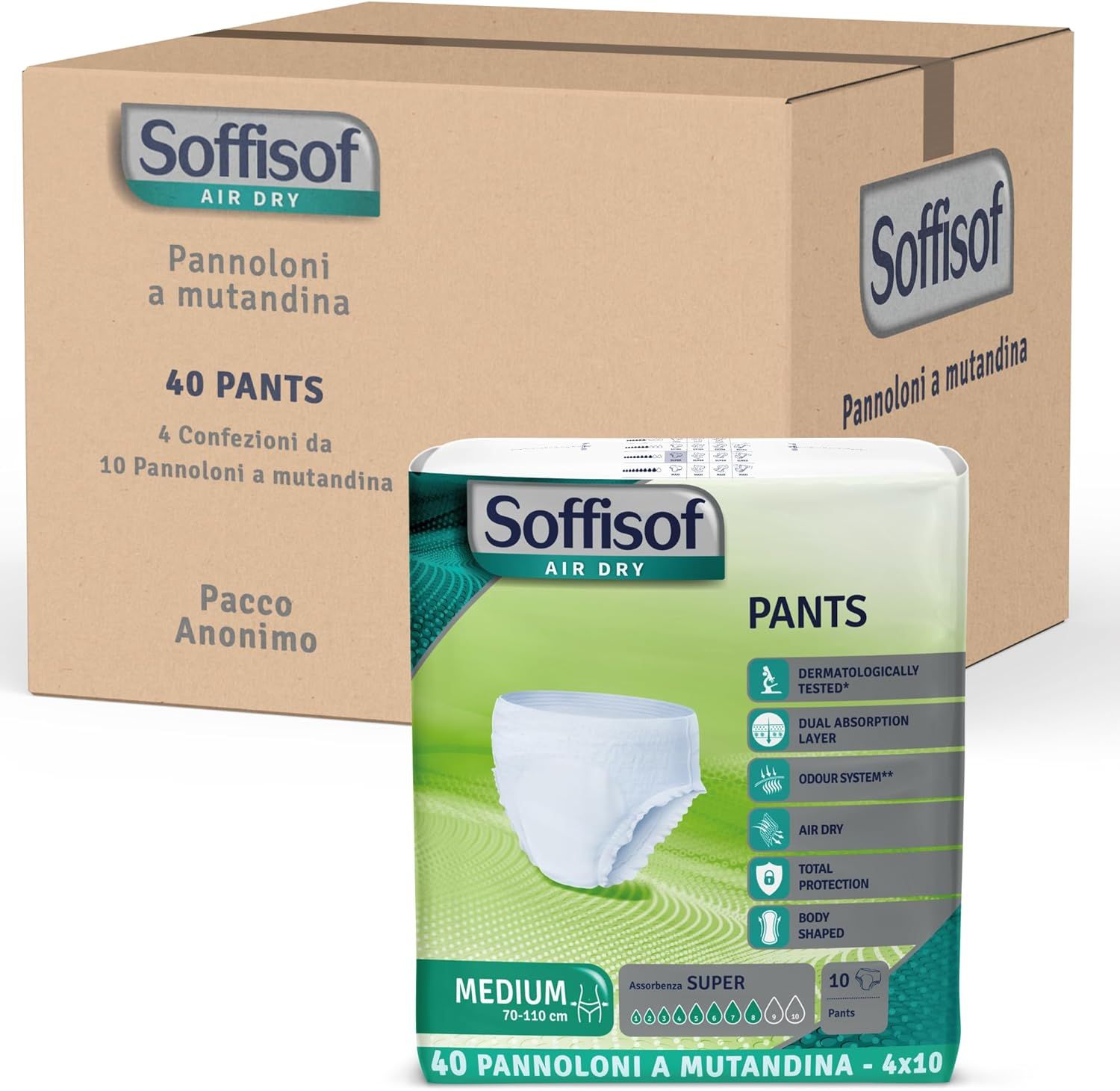 Soffisof Air Dry Pants. Confezione da 40 Pants. Scatola e confezione di Pants. Medium, 70-110 cm.