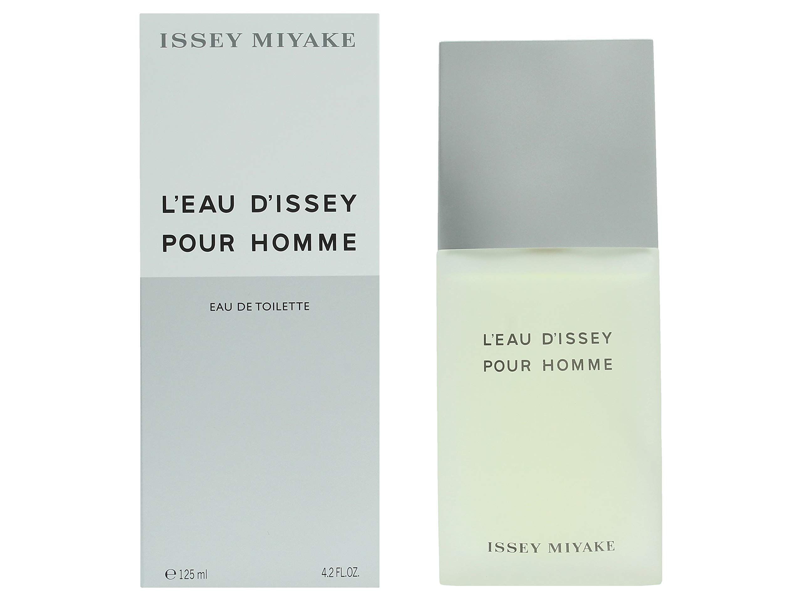 Flacone e confezione. Flacone rettangolare, tappo argentato, scritta: L'EAU D'ISSEY POUR HOMME e ISSEY MIYAKE. Confezione bianca, grigia.