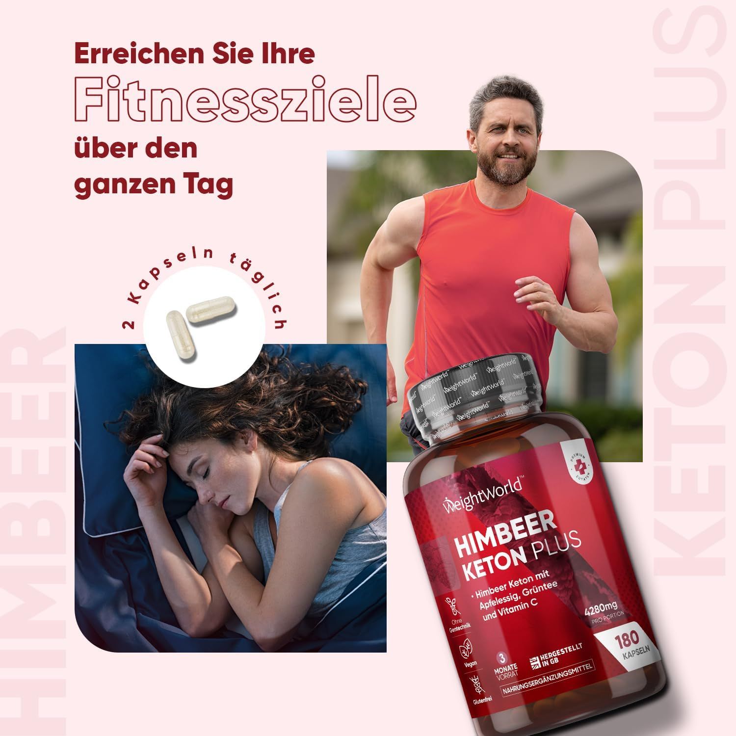 Uomo che fa jogging, donna che dorme. Prodotto: Himbeer Keton Plus, 180 capsule. Testo: 2 capsule al giorno. Raggiungi i tuoi obiettivi.