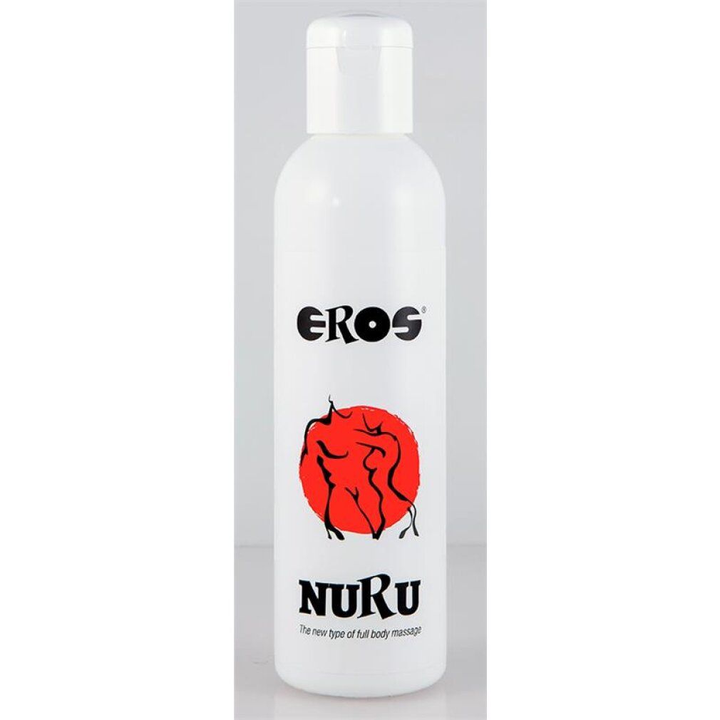 Flacone bianco con logo EROS NURu e cerchio rosso con figure.