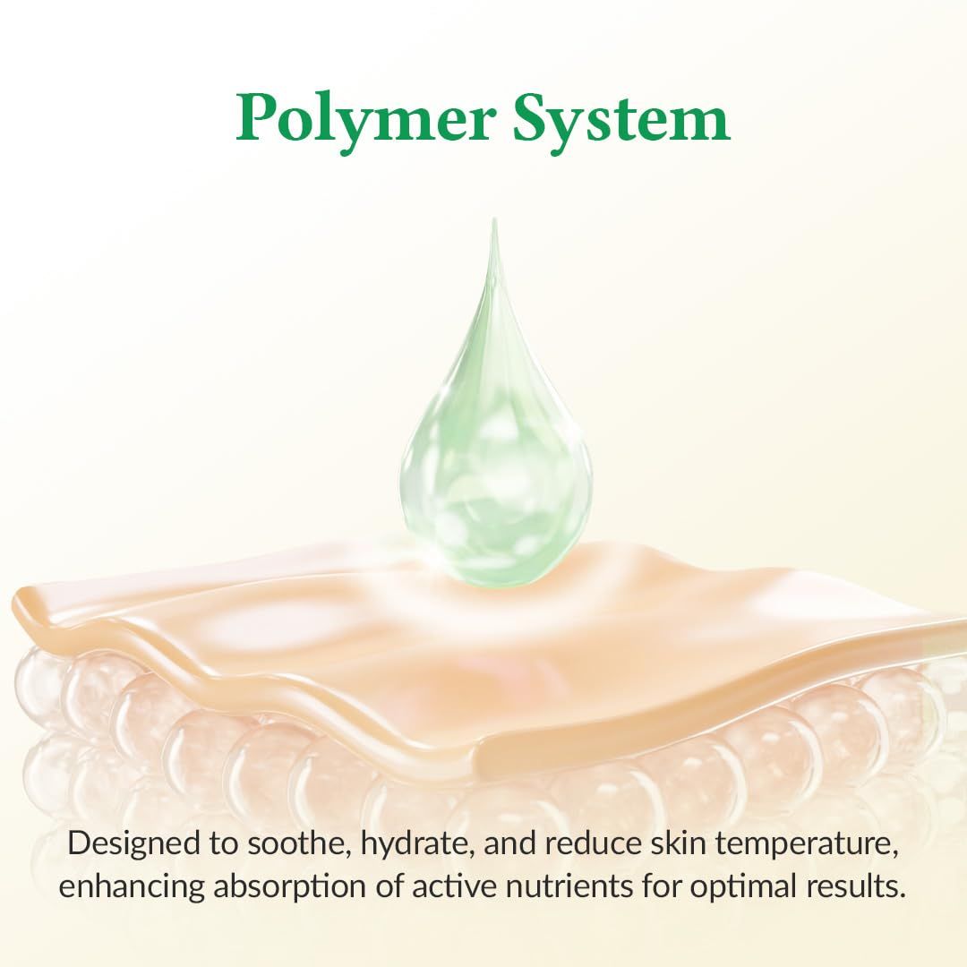 Goccia di liquido verde su modello di pelle. Testo: Polymer System. Progettato per lenire, idratare.