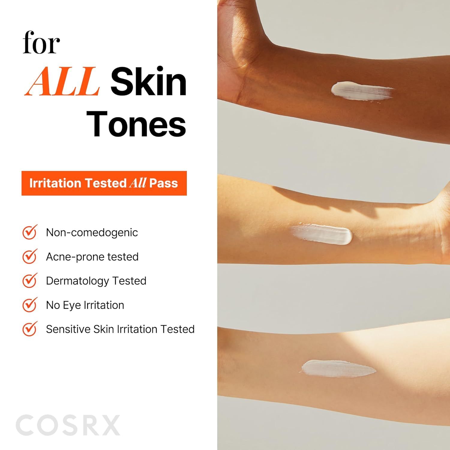 Braccia di diverse tonalità di pelle con crema solare COSRX applicata.